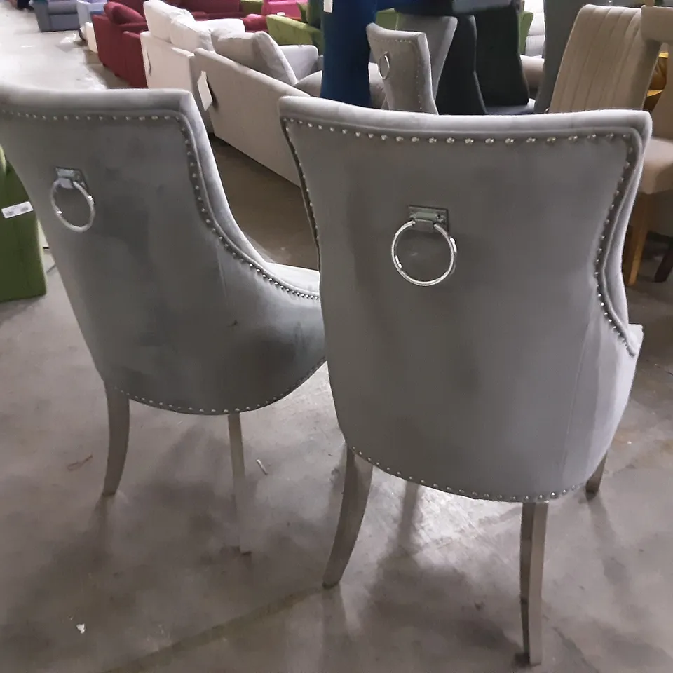 DESIGNER PAIR OF GREY FABRIC DINING CHAIRS WITH METAL LEGS