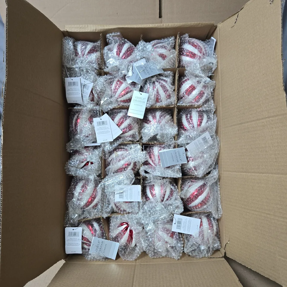 BOX OF 4 SETS OF GISELA GRAHAM RED AND WHITE CHRISTMAS HANGING ORNAMENTS (24 PER SET, 96 ITEMS IN TOTAL)