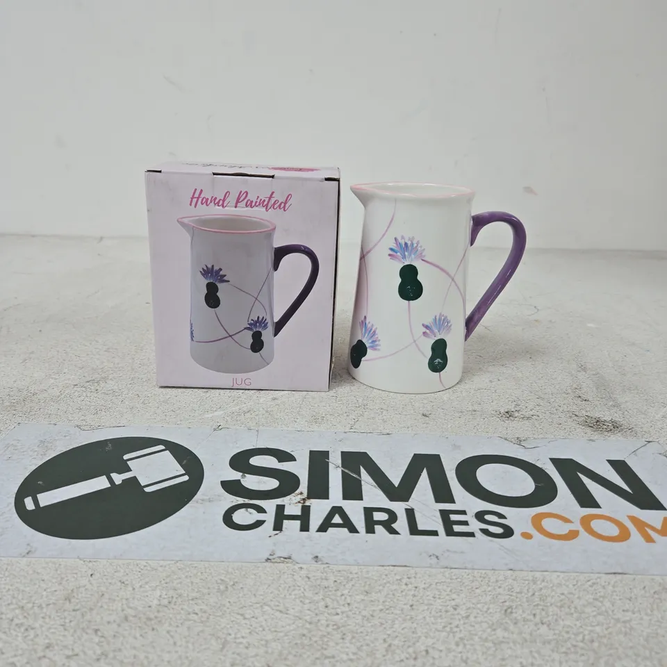 Hand Painted Ceramic Jug with Purple Handle – Floral Design