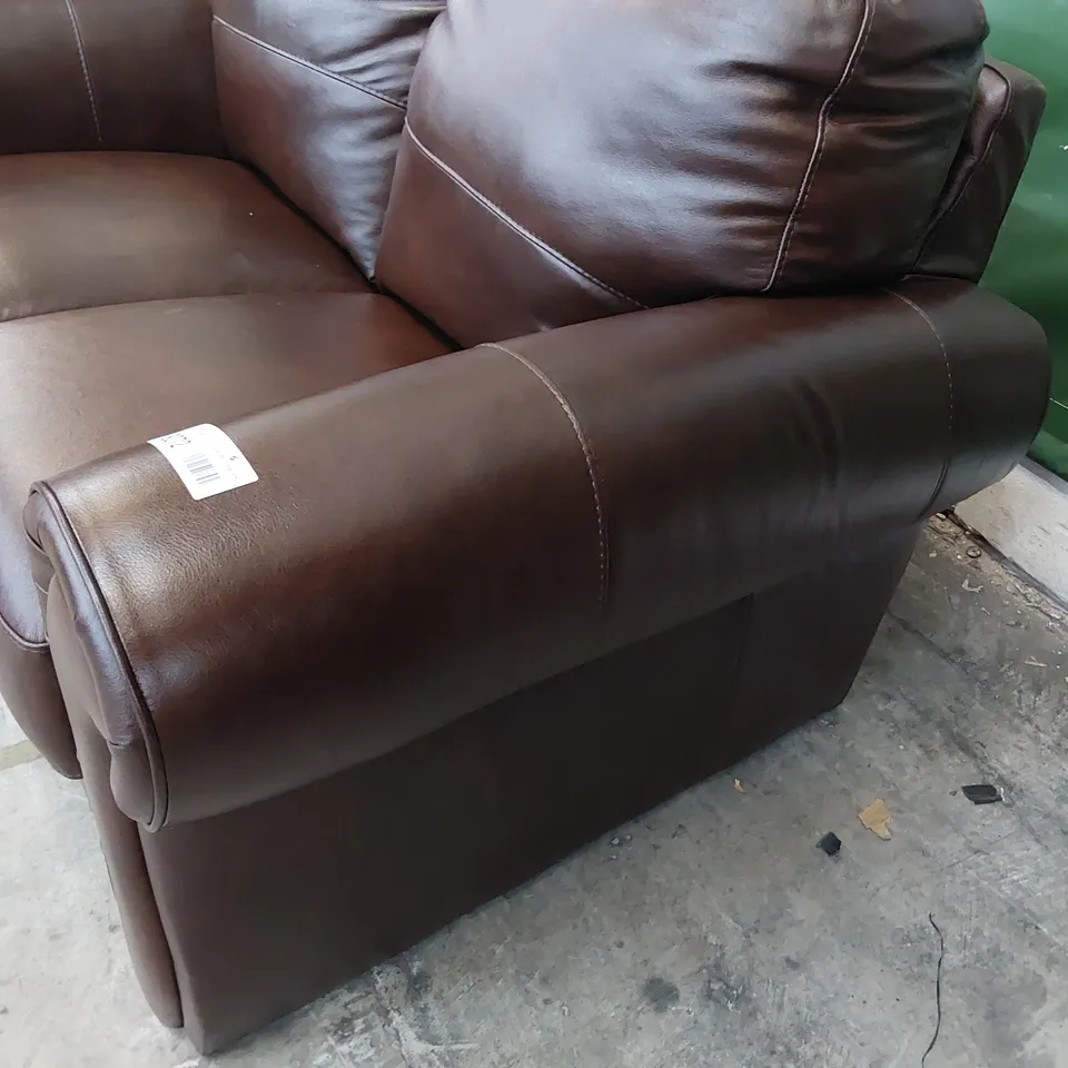 DESIGNER TWO SEATER SCROLL ARM SOFA CHESTNUT LEATHER 
