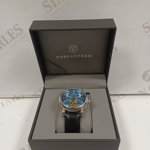 MENS VONLANTHEN AUTOMATIC WATCH – DATE YEAR SUB DIAL COMPLICATIONS – OPEN HEART MOVEMENT – GLASS EXHIBITION BACKCASE – BLACK LEATHER STRAP