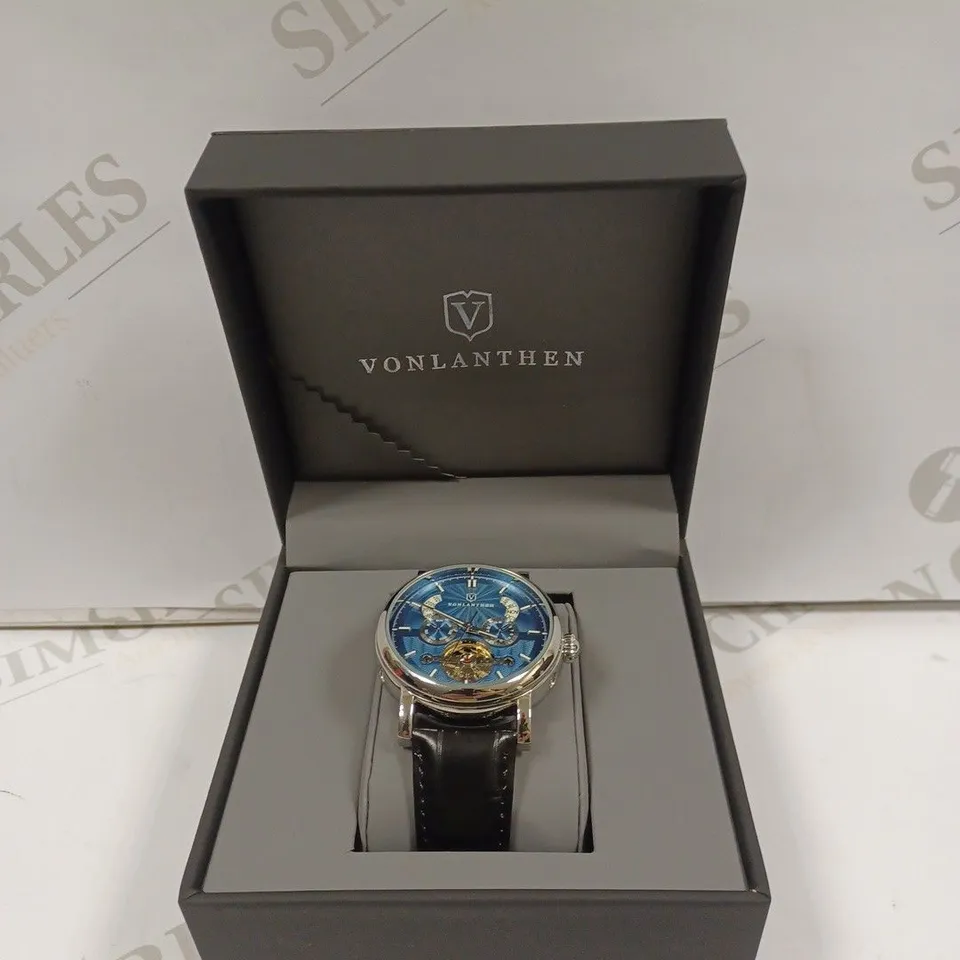 MENS VONLANTHEN AUTOMATIC WATCH – DATE YEAR SUB DIAL COMPLICATIONS – OPEN HEART MOVEMENT – GLASS EXHIBITION BACKCASE – BLACK LEATHER STRAP