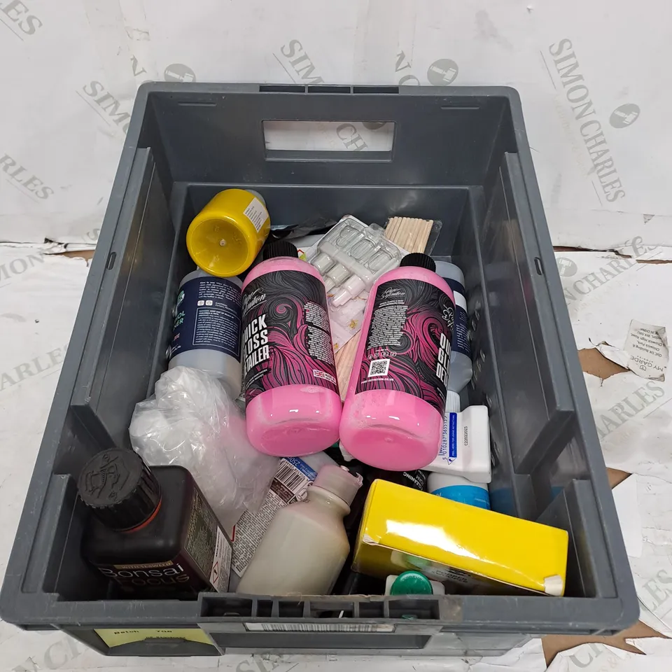 TOTE OF ASSORTED HOUSEHOLD ITEMS TOO INCLUDE PAINT , AIR FRESHENERS , ALCOHOL CLEANER , ETC 