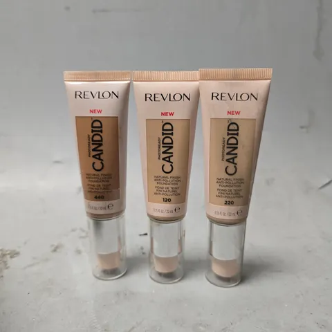 BOX OF APPROXIMATELY 25 REVLON CANDID NATURAL FINISH FOUNDATION 220 , 120 , 440