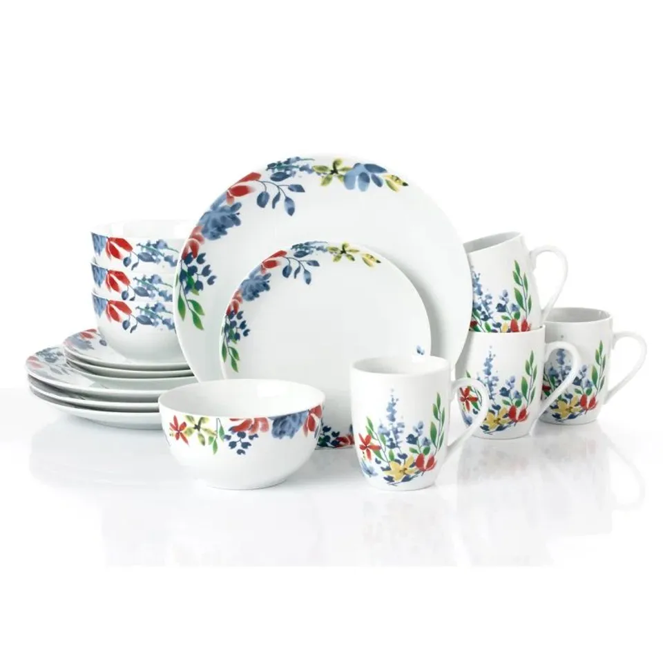 BOXED 16 PIECE PORCELAIN CHINA WATER COLOUR FLORAL DINNERWARE SET SERVICE FOR 4