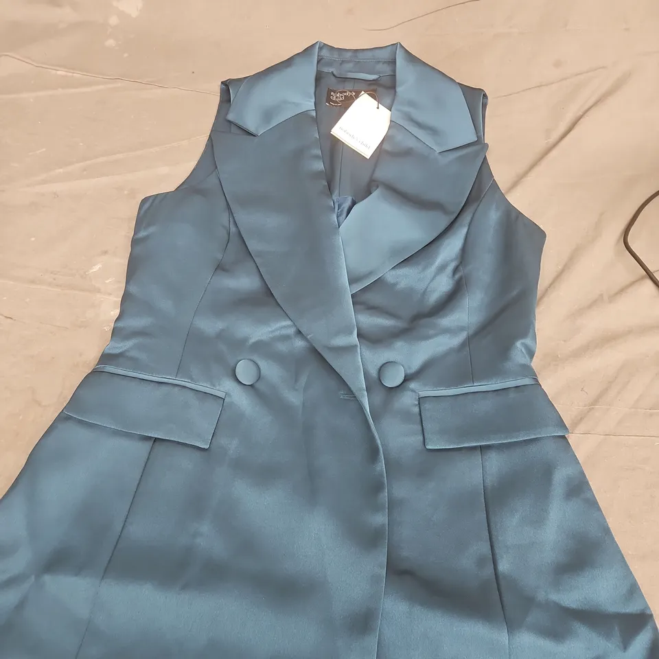NOBODY'S CHILD TEAL SATIN SLEEVELESS BLAZER – UK 8 (EU 36)