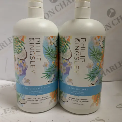 BOX OF 2 PHILIP KINGSLEY ITEMS INCLUDING MOISTURE BALANCING COMBINATION CONDITIONER (1L) AND BODY BUILDING WEIGHTLESS SHAMPOO (1L)