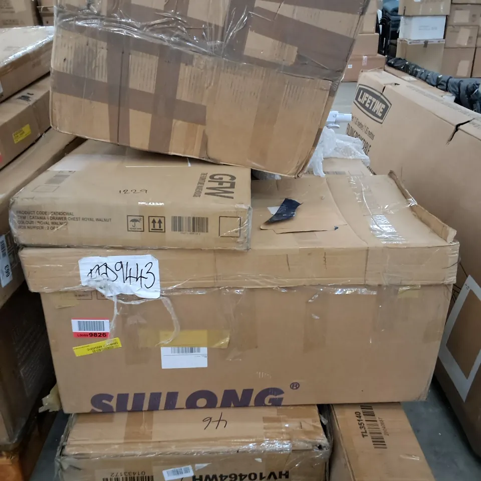 PALLET OF ASSORTED ITEMS AND PARTS TO INCLUDE NEO WHEELBARROW AND 4-DRAWER CHEST