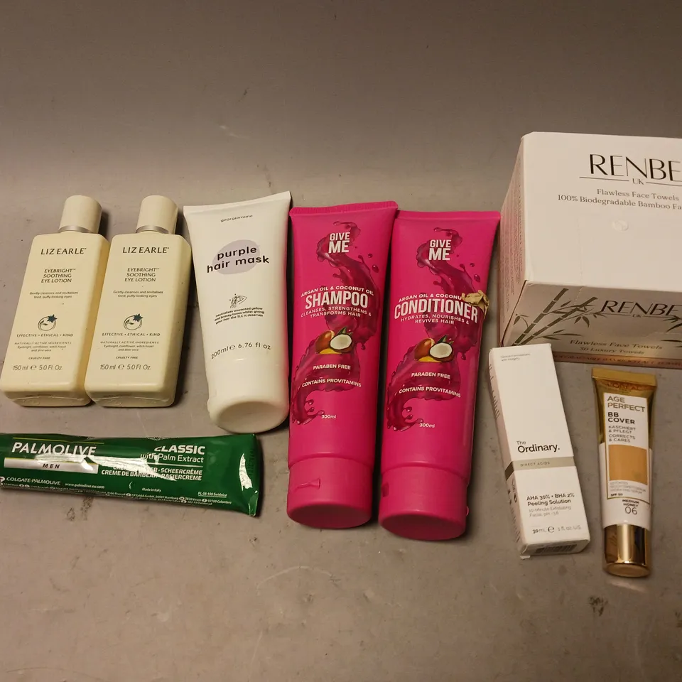 BOX OF APPROXIMATELY 15 COSMETIC ITEMS TO INCLUDE PURPLE HAIR MASK, GIVE ME SHAMPOO, AND ORDINARY DIRECT ACIDS ETC. 