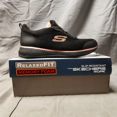 BOXED PAIR OF SKECHERS SHOES IN BLACK/ROSE GOLD SIZE UK 4