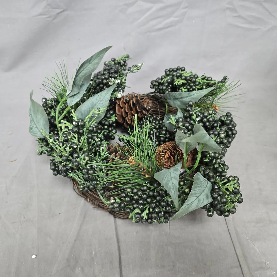GREEN BERRIES AND PINECONES HURRICANE CHRISTMAS TABLE CENTRE