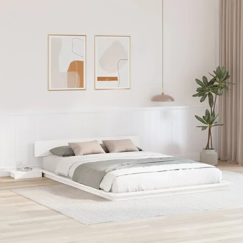 BOXED FLOOR BED FRAME WITH BEDSIDE TABLES WHITE 150 X 200CM SOLID WOOD