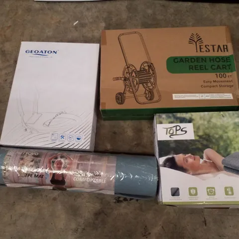 PALLET CONTAINING ASSORTED PRODUCTS INCLUDING GARDEN HOSE REEL CART, TOILET SEAT BIDET, ELECTRIC HEATED THROW & YOGA MAT