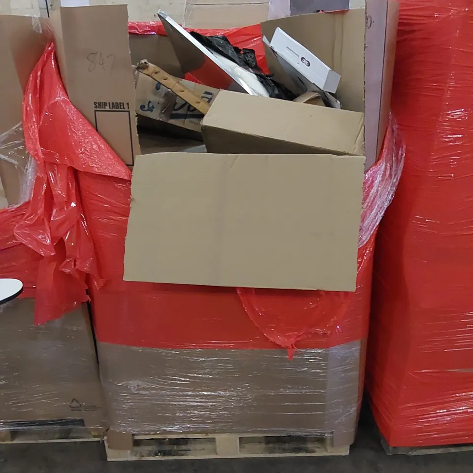 PALLET TO CONTAIN ASSORTED HOUSEHOLD ITEMS AND CONSUMER PRODUCTS. INCLUDING HAIR DRYER, TENT, BOXED FURNITURE ETC