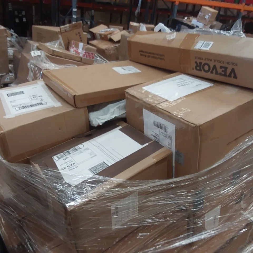PALLET CONTAINING VARIOUS ASSORTED BOXED ITEMS TO INCLUDE,  VACUUM CLEANER, STORAGE RACKS, AND LOTS MORE UNMARKED BOXED ITEMS 