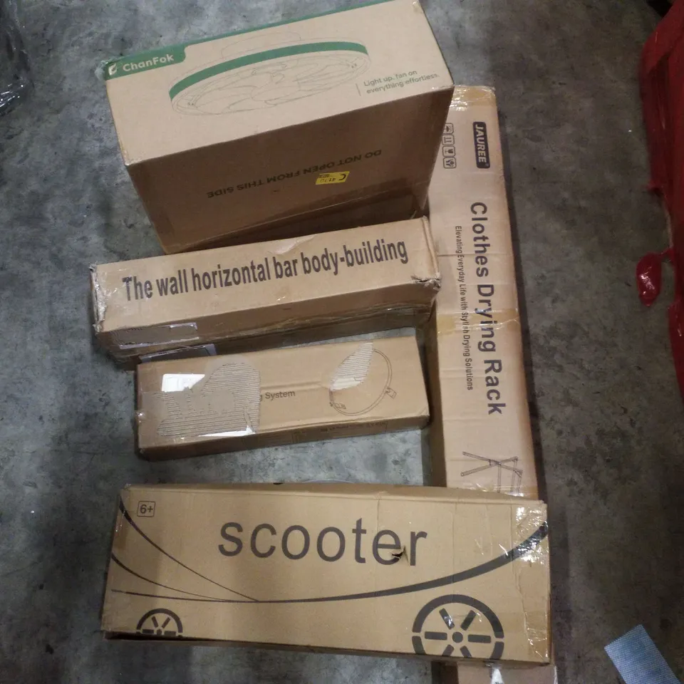 PALLET CONTAINING ASSORTED PRODUCTS INCLUDING SCOOTER, DARTBOARD SYSTEM, PULL UP BAR, CEILING FAN LIGHT & CLOTHES DRYING RACK