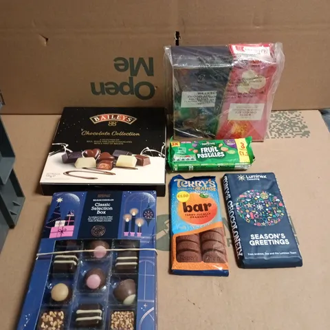 APPROXIMATELY 12 ASSORTED SWEETS AND CHOCOLATE ITEMS TO INCLUDE - FRUIT PASTILLES, TERRY'S CHOCOLATE ORANGE BAR AND TONY'S CHOCOLONEY