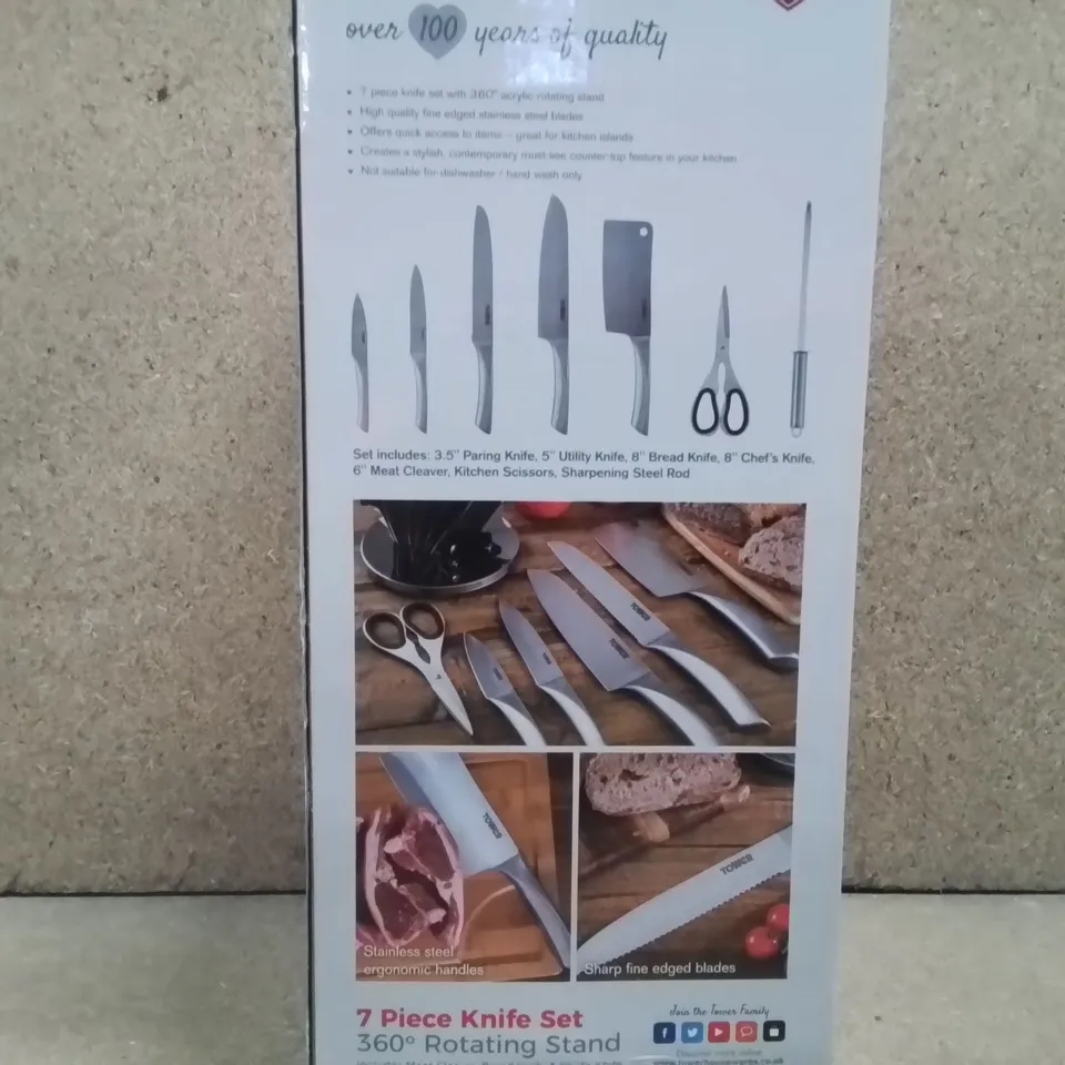 BOXED TOWER 7 PIECE KNIFE SET WITH 360 R0TATING STAND 