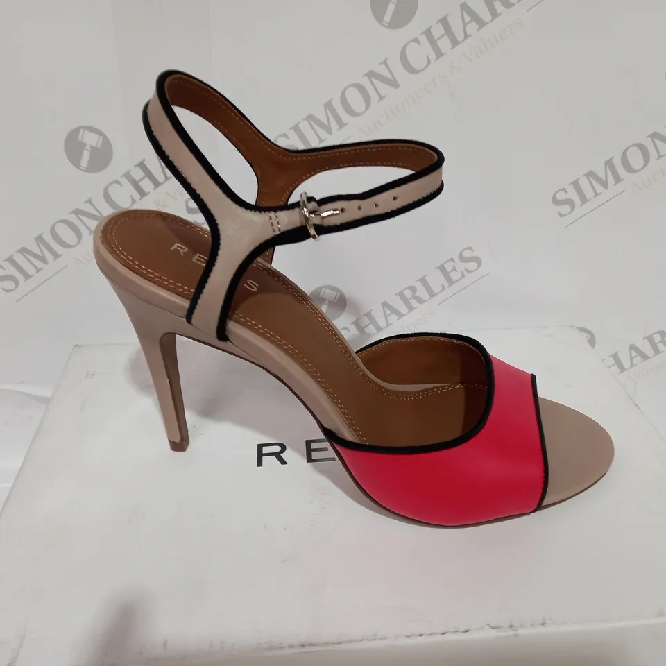 BOXED REISS MARGOT STRAP CORAL RED HEELS - SIZE 5