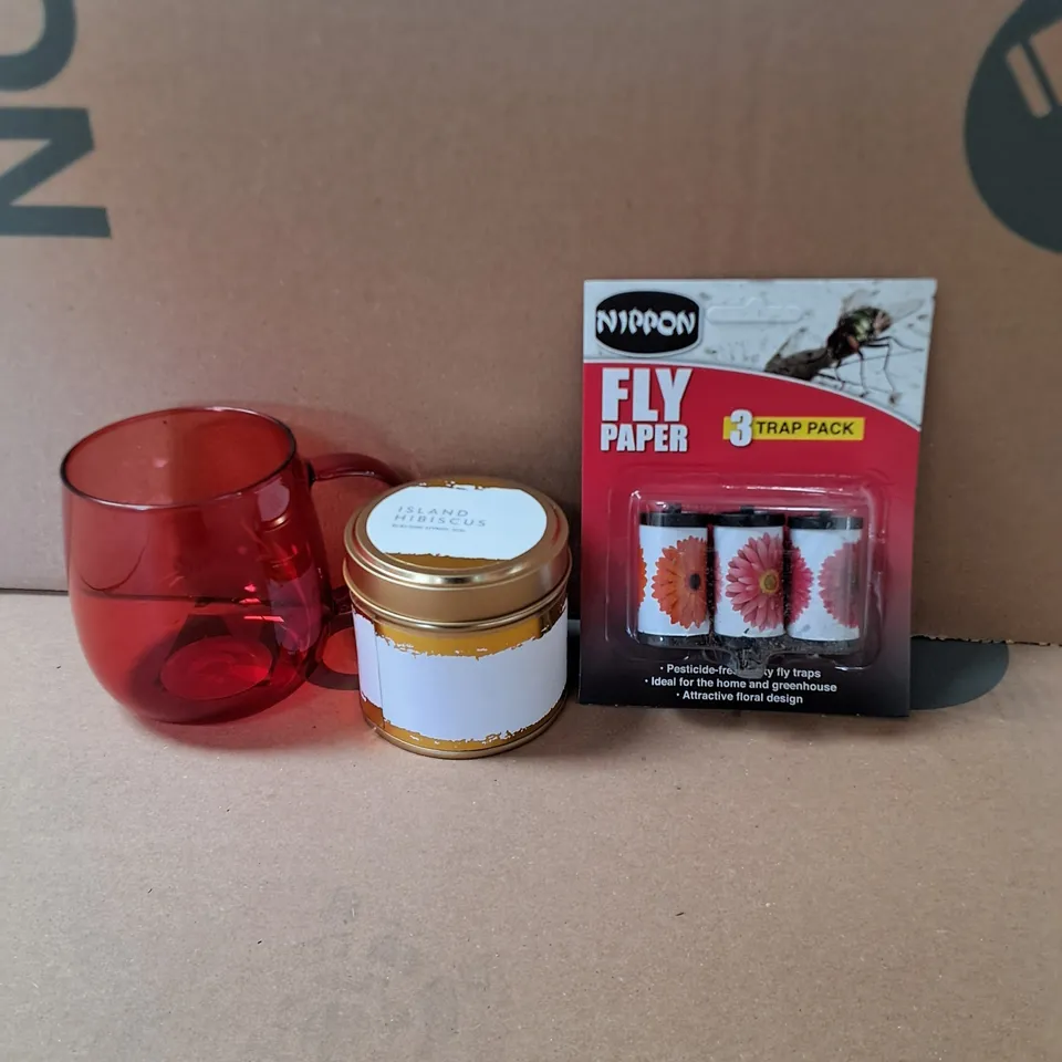 BOX OF APPROXIMATELY 22 ASSORTED ITEMS TO INCLUDE - RED GLASS MUG , NIPPON FLY PAPER , ISLAND HIBISCUS CANDLE ETC