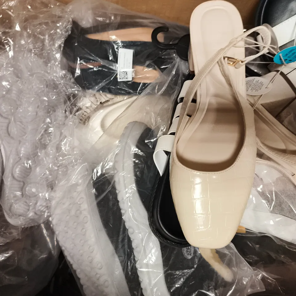 BOX OF APPROXIMATELY 15 ASSORTED PAIRS OF SHOES AND FOOTWEAR ITEMS IN VARIOUS COLOURS, STYLES, AND SIZES - COLLECTION ONLY