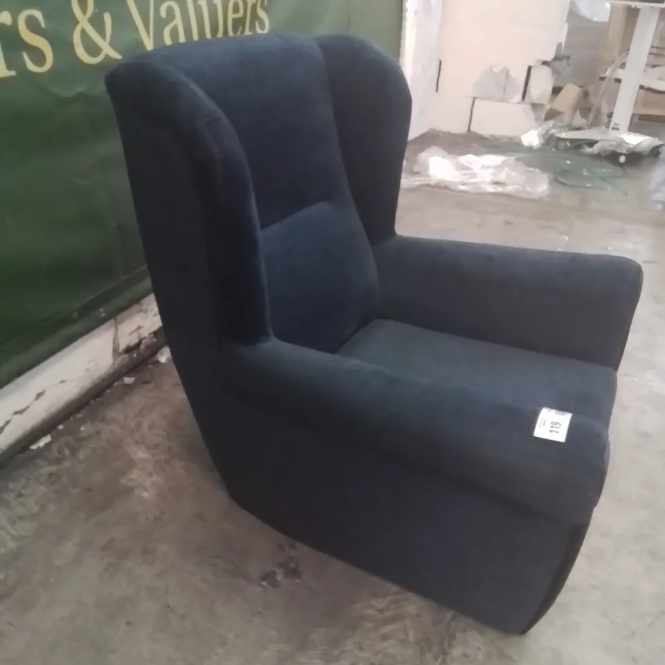 DESIGNER WINGED EASY CHAIR NAVY PLUSH FABRIC 