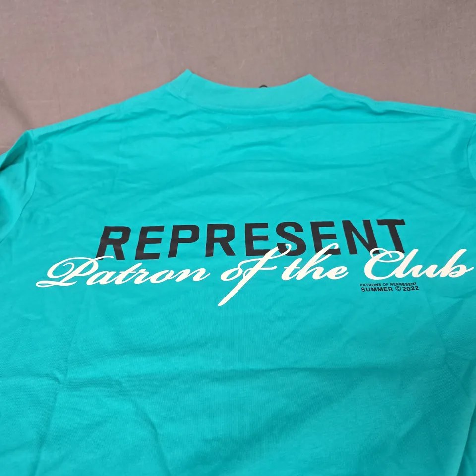 REPRESENT TEAL T‑SHIRT – PATRON OF THE CLUB PRINT- SIZE M