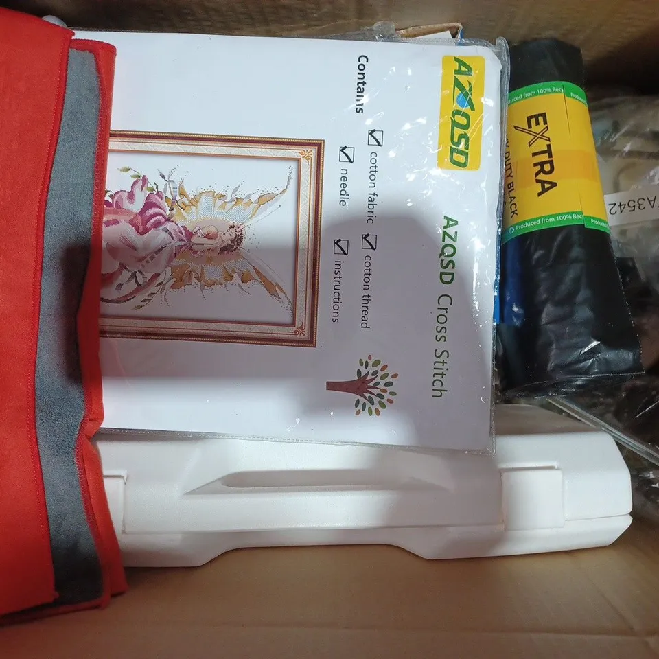 BOX OF APPROXIMATELY 10 ASSORTED HOUSEHOLD ITEMS TO INCLUDE REFUSE BAGS, AZQSD CROSS STITCH, SUNTEK PAINT PROTECTION FILM, ETC