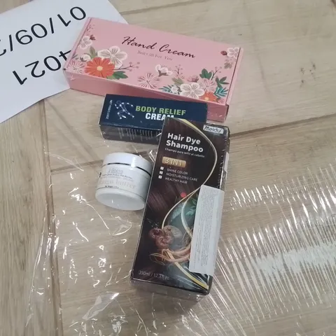 PALLET CONTAINING A LARGE QUANTITY OF COSMETIC ITEMS TO INCLUDE;HAIR DYE SHAMPOO,BODY RELIEF CREAM,MANGO BUTTER,HAND CREAM