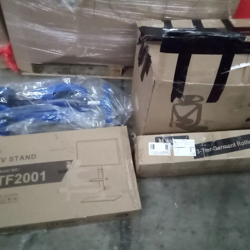 PALLET OF ASSORTED ITEMS INCLUDING TV STAND, MESH CHAIR, KIDS SCOOTER, VOILMART 3-TIER GARMENT ROLLING RACK