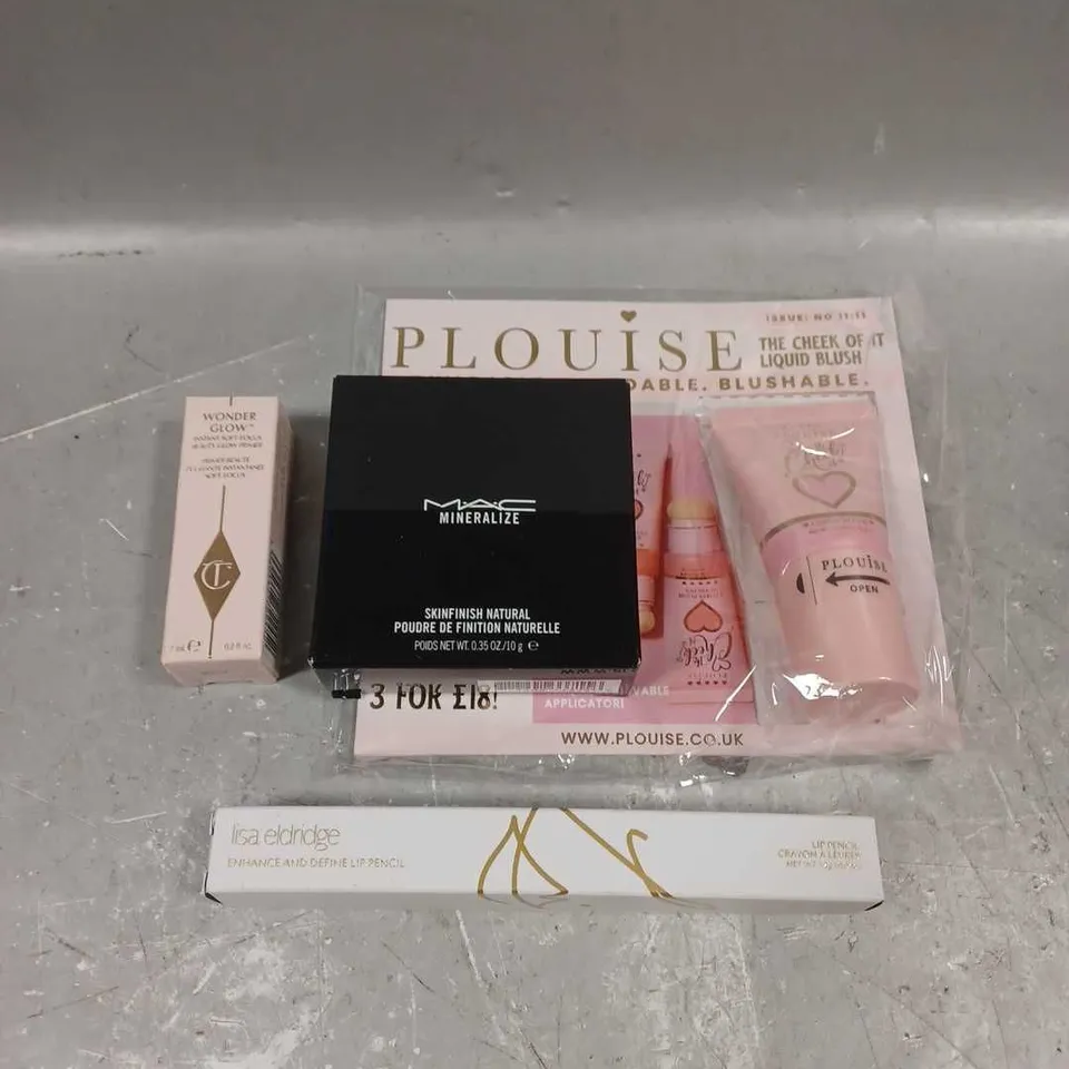 LOT OF 4 ASSORTED COSMETIC PRODUCTS TO INCLUDE - PLOUISE THE CHEEK OF IT LIQUID BLUSH - CHARLOTTE TILBURY WONDER GLOW PRIMER - LISA ELDRIDGE LIP PENCIL - ETC