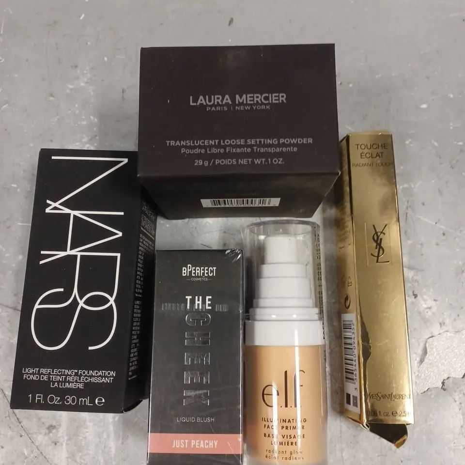 LOT OF 5 ASSORTED COSMETIC ITEMS TO INCLUDE - NARS FOUNDATION IN LIGHT 5 FIJI - BPERFECT THE CHEEK JUST PEACHY LIQUID BLUSH - ELF ILLUMINATING FACE PRIMER - ETC