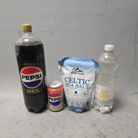APPROXIMATELY 7 ASSORTED FOOD & DRINK ITEMS TO INCLUDE - PEPSI MAX CAFFEINE FREE , MYSTIC NATURE SEA SALT , INDIAN TONIC WATER ETC