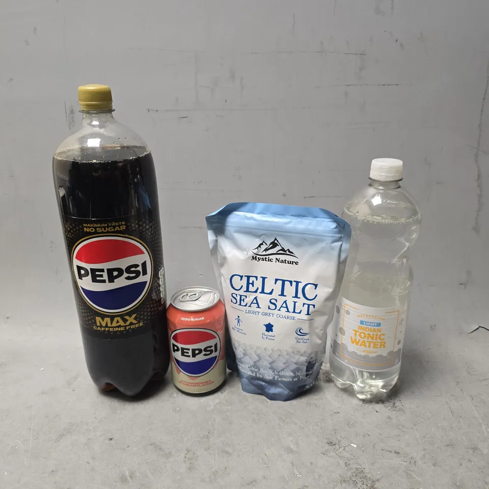 APPROXIMATELY 7 ASSORTED FOOD & DRINK ITEMS TO INCLUDE - PEPSI MAX CAFFEINE FREE , MYSTIC NATURE SEA SALT , INDIAN TONIC WATER ETC