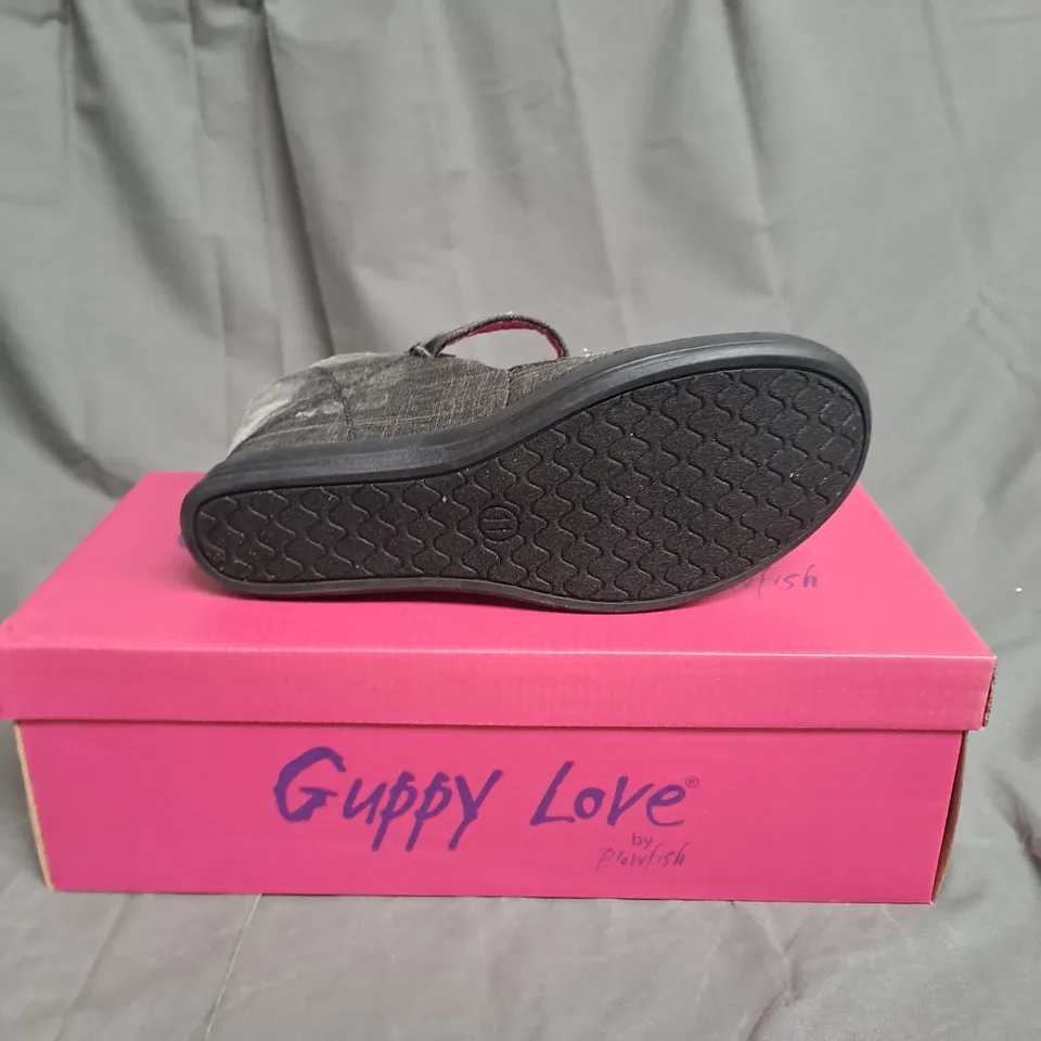 BOXED LOT OF 12 PAIRS OF GUPPY LOVE LADIES WEDGE HEEL SHOES. VARIOUS SIZES