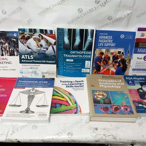 APPROXIMATELY 11 EDUCATIONAL AND REFERENCE BOOKS TO INCLUDE; AQA PHYSICS 2ND EDITION A LEVEL, PRINCIPLES OF ANATOMY AND PHYSIOLOGY FIFTH EDITION, TRAINING TO TEACH IN THE LEARNING AND SKILLS SECTOR, A