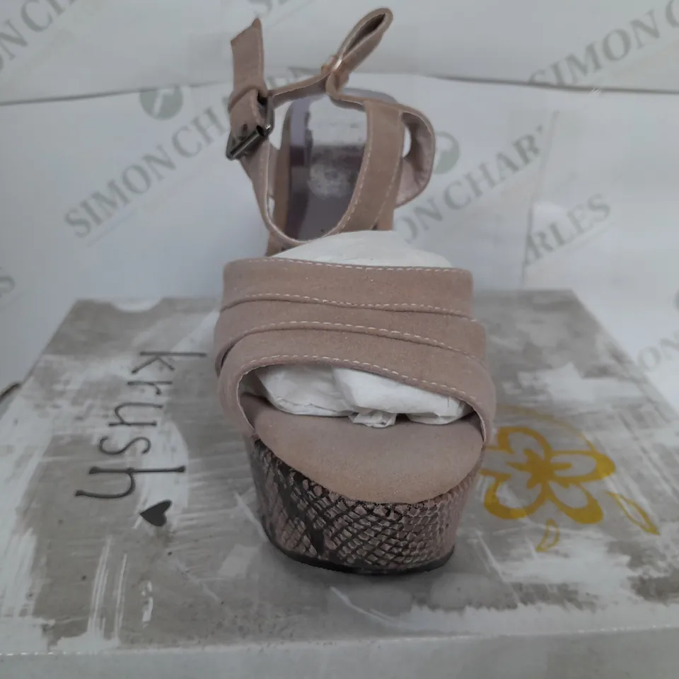 BOXED PAIR OF KRUSH OPEN TOE STRAP PLATFORM SHOES IN MINK - SIZE 4