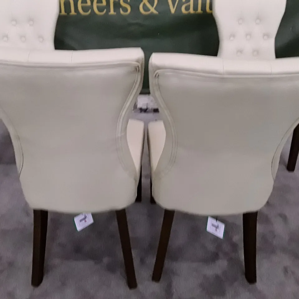 SET OF 4 NEW BEWLEY IVORY LEATHER BUTTON BACK DINING CHAIRS (DARK OAK LEG)
