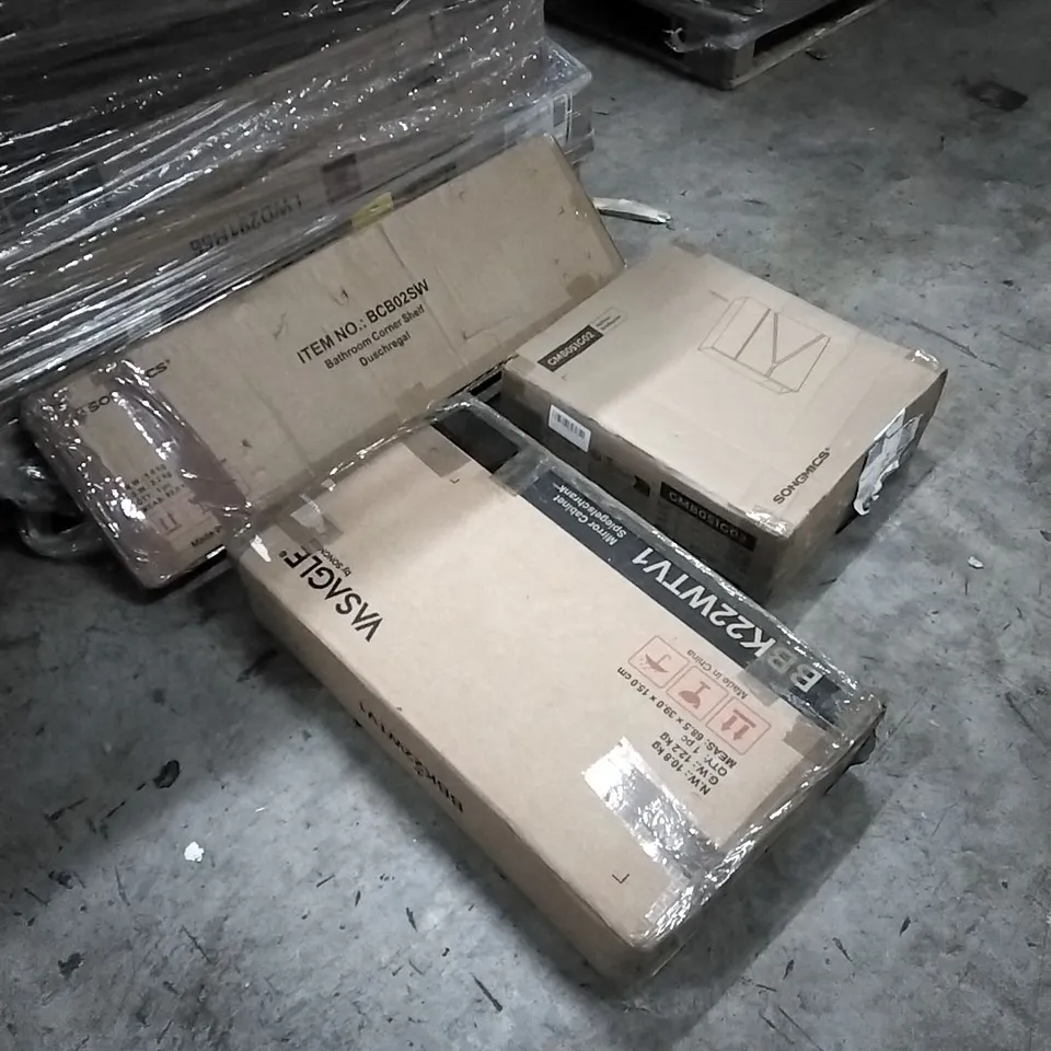 PALLET OF HOUSEHOLD ITEMS TO INCLUDE CHAIR, BAR TABLE, BATHROOM CORNER SHELF, MIRROR CABINET, MAILBOX AND OTHER ASSORTED ITEMS...