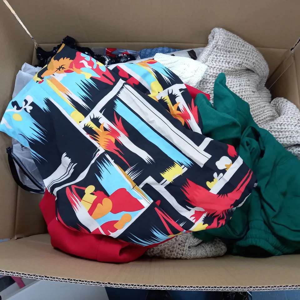 LARGE BOX OF ASSORTED CLOTHING ITEMS IN VARIOUS COLOURS AND SIZES INCLUDING TROUSERS , TOPS AND JUMPERS