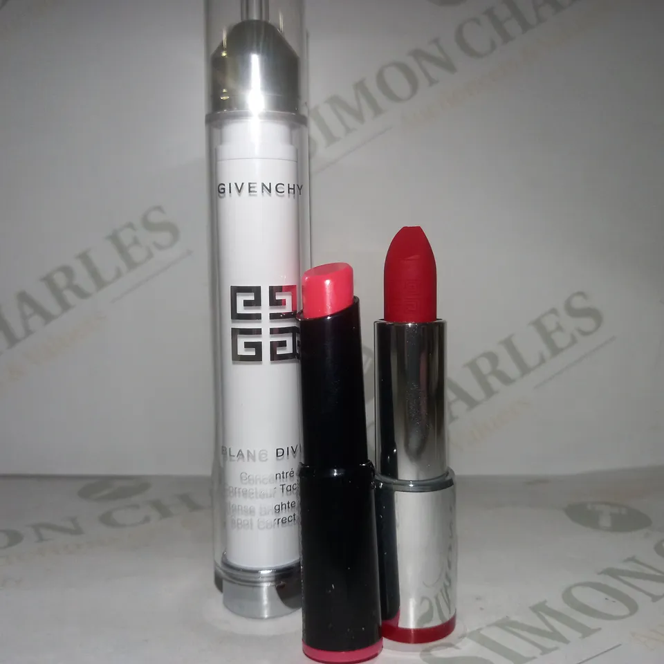 BOX OF APPROX 15 ASSORTED GIVENCHY TESTER PRODUCTS TO INCLUDE BRIGHTENING SPOT CORRECTOR, LIPSTICK #ROSE TRANSGRESSIF, LIPSTICK #ROUGE STILETTO 