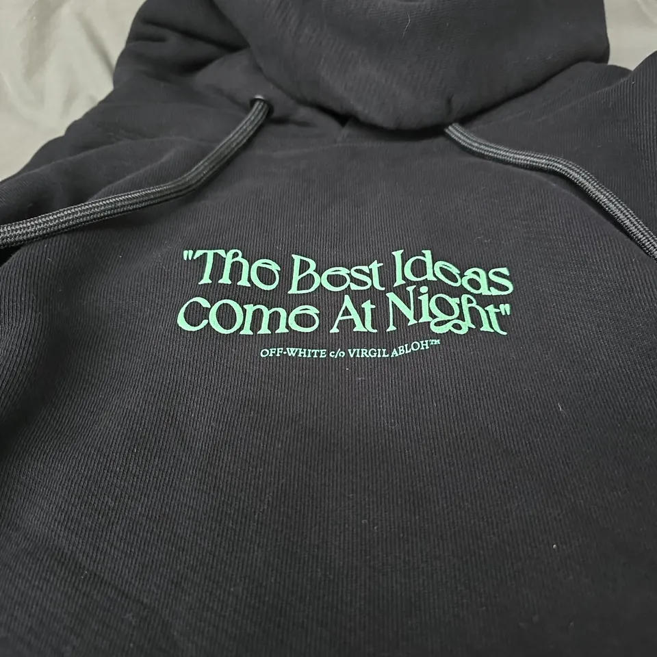 OFF-WHITE HOODIE – BLACK WITH SLOGAN "THE BEST IDEAS COME AT NIGHT" SIZE XL