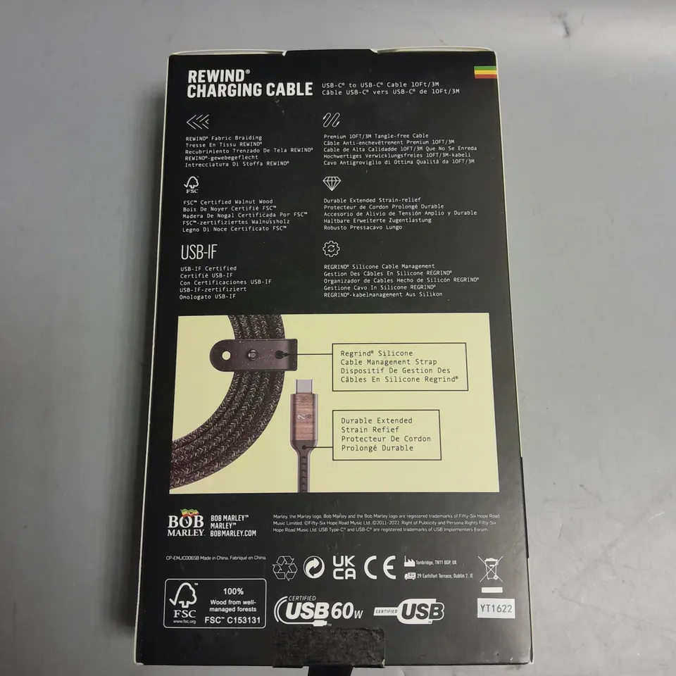 BOXED BOB MARLEY REWIND CHARGING CABLE. USB-C TO USB-C. 10FT/3M