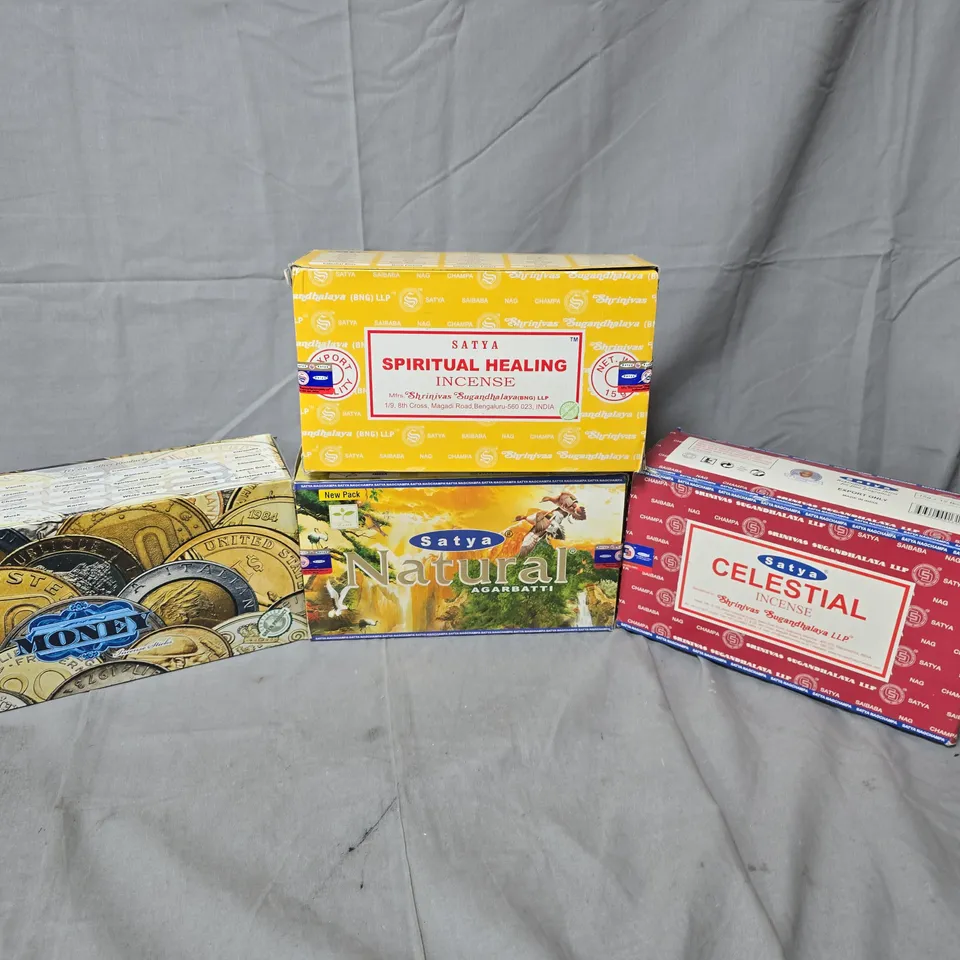 4 BOXES OF ASSORTED INCENSE TO INCLUDE SATYA CELESTIAL, SATYA SPIRITUAL HEALING, SATYA NATURAL ETC