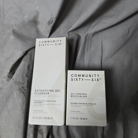 BOX OF APPROXIMATELY 30 X COMMUNITY SIXTY-SIX DETOXIFYING GEL CLEANSER & OIL CONTROL MOISTURIZER – FACIAL SKIN CARE DUO