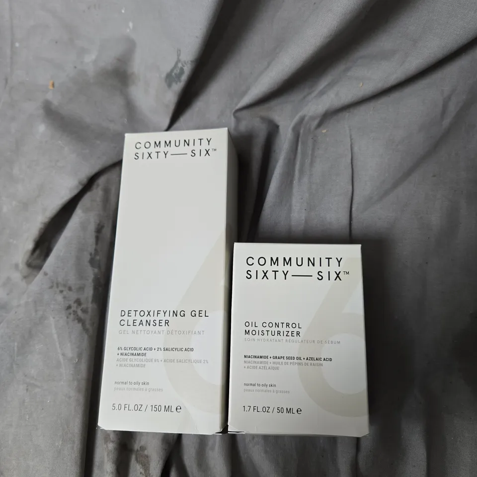 BOX OF APPROXIMATELY 30 X COMMUNITY SIXTY-SIX DETOXIFYING GEL CLEANSER & OIL CONTROL MOISTURIZER – FACIAL SKIN CARE DUO