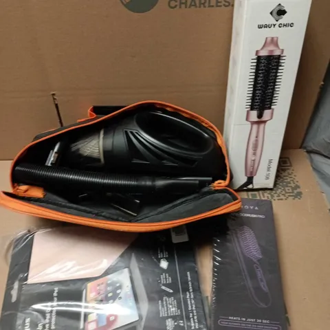APPROXIMATELY 6 ASSORTED ITEMS TO INCLUDE CAR MINI VACUUM, TARGUS TABLET CASE, NUMOYA GOBRUSH PRO, ETC