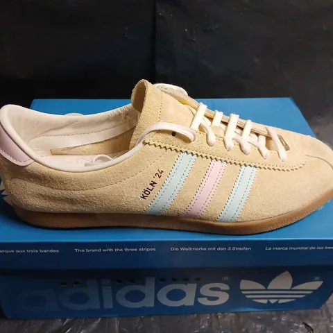 BOXED PAIR OF ADIDAS SUEDE TRAINERS WITH PASTEL STRIPES – BEIGE - UK SIZE 9.5