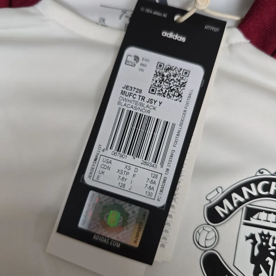 MANCHESTER UNITED FC KIDS FOOTBALL SHIRT – WHITE HOME JERSEY, ADIDAS, TEZOS SPONSOR (UK 7-8)