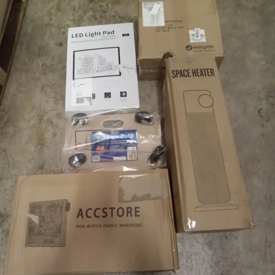 PALLET OF ASSORTED ITEMS INCLUDING SPACE HEATER, ACCSTORE NON-WOVEN FABRIC WARDROBE, RECTANGLE DOLLY, LED LIGHT PAD, PEDAL EXERCISER, GETFIT PREMIUM AIR BED 